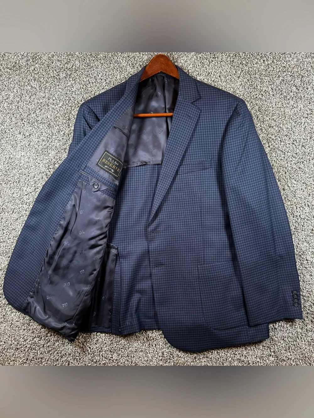 Jos A Bank Reserve Tailored Fit 44R Wool Silk Navy Plaid Coat Blazer Jacket